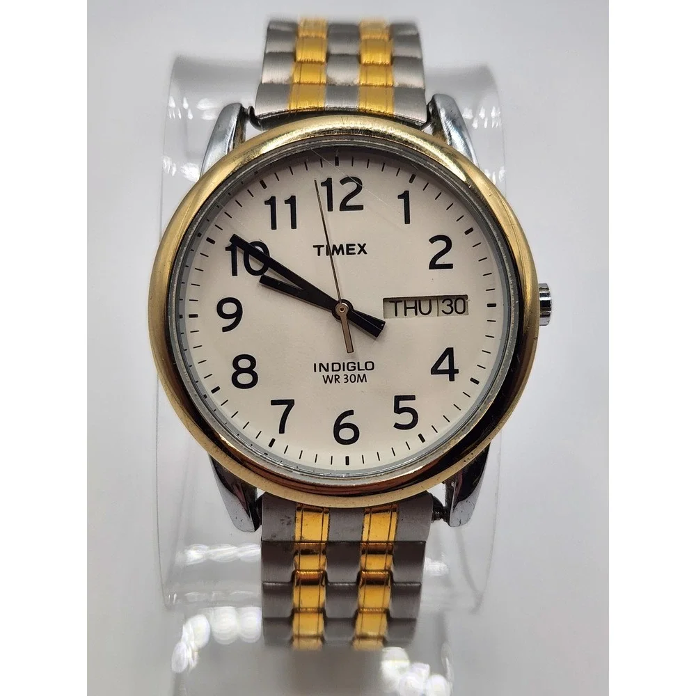 Timex Indiglo WR 30M Easy Reader Day Date Watch Two-Tone Stretch Band Cream Dial